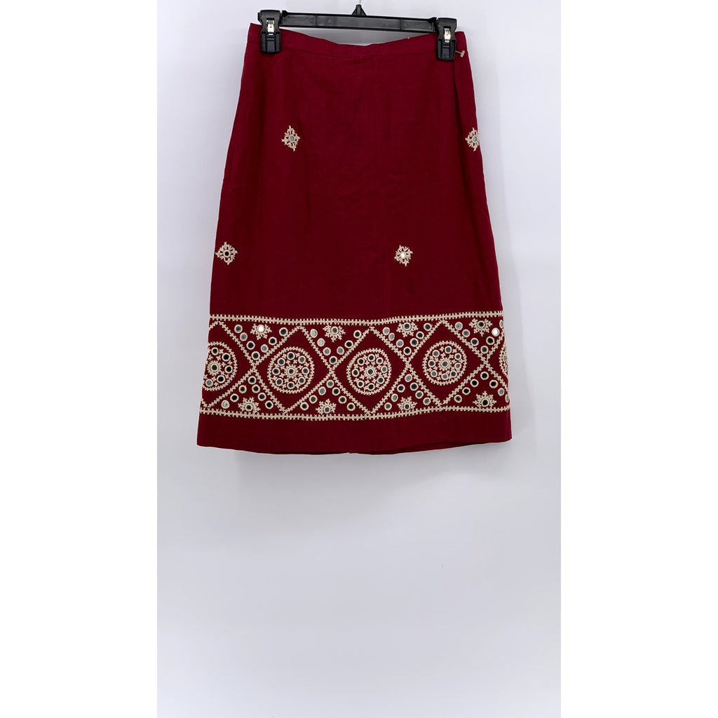 UNBRANDED Women's Burgundy-Beige Embroidered Embellished Eyelet Midi Skirt SZ S