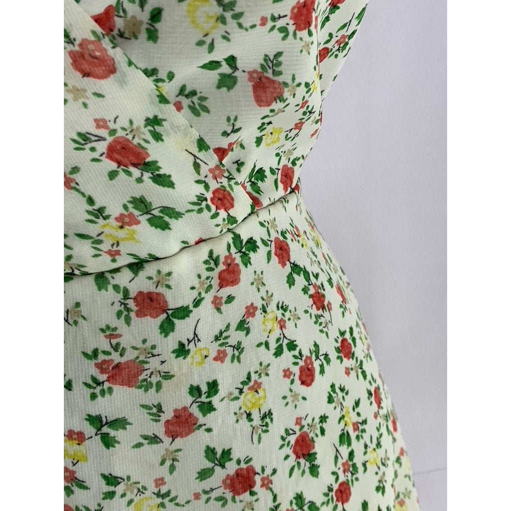 UNBRANDED Women's White Floral V-Neck Short Sleeve Wrap Mini Dress SZ S