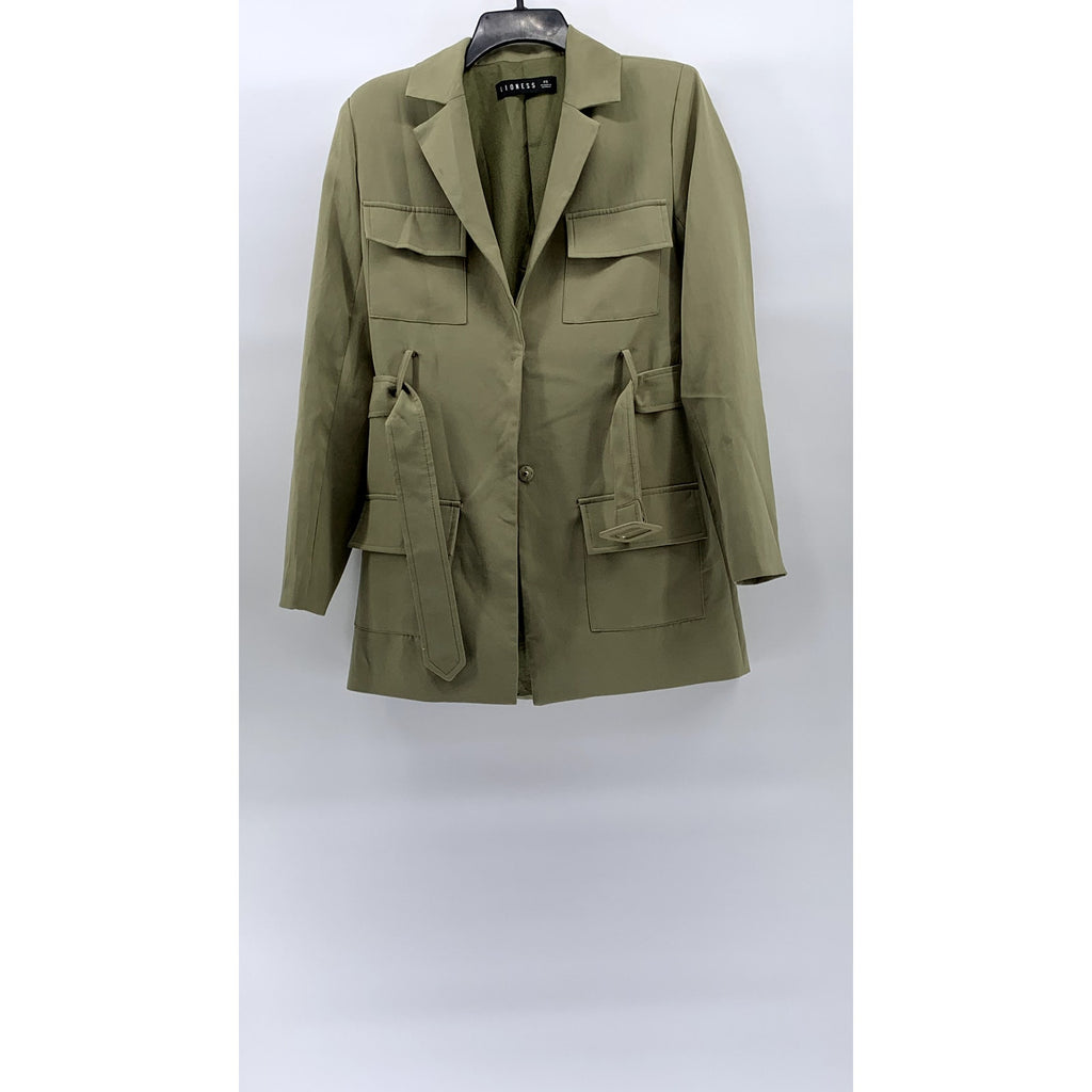 LIONESS Women's Olive Green Button-Up Notch Collar Belted Mini Blazer SZ XS
