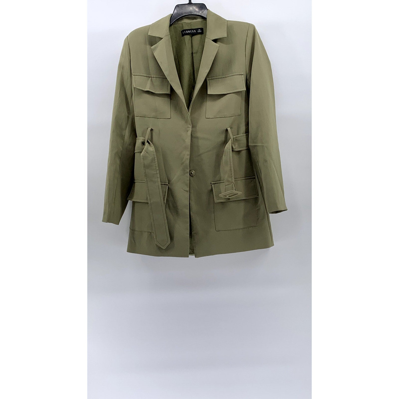 LIONESS Women's Olive Green Button-Up Notch Collar Belted Mini Blazer SZ XS