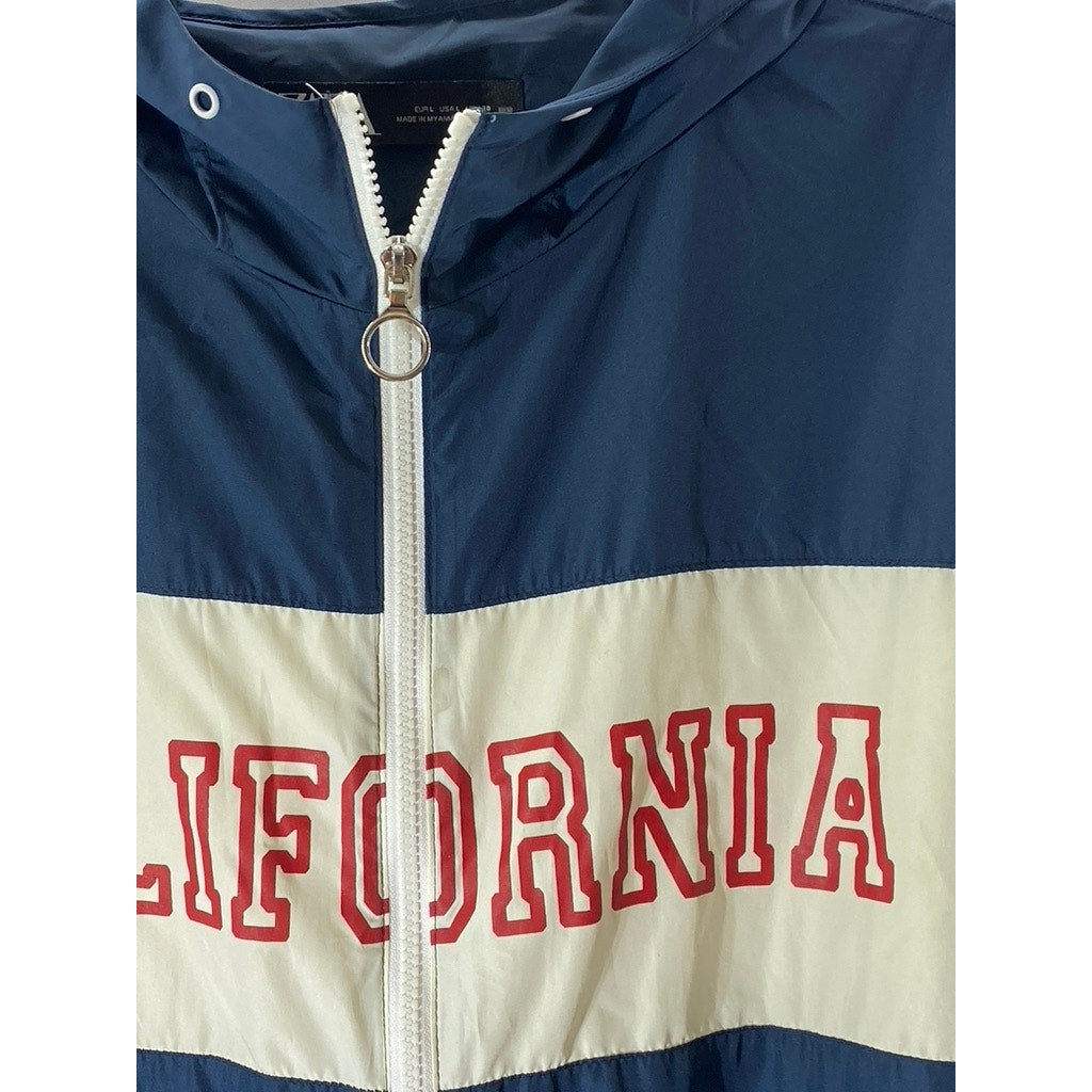 ZARA Men's White/Navy California Logo Hooded Zip-Up Windbreaker Jacket SZ L