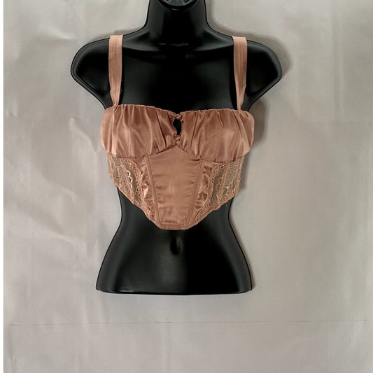 OUT FROM UNDER Women's Pink Satin Lace Hook & Loop Corset Crop Top SZ S