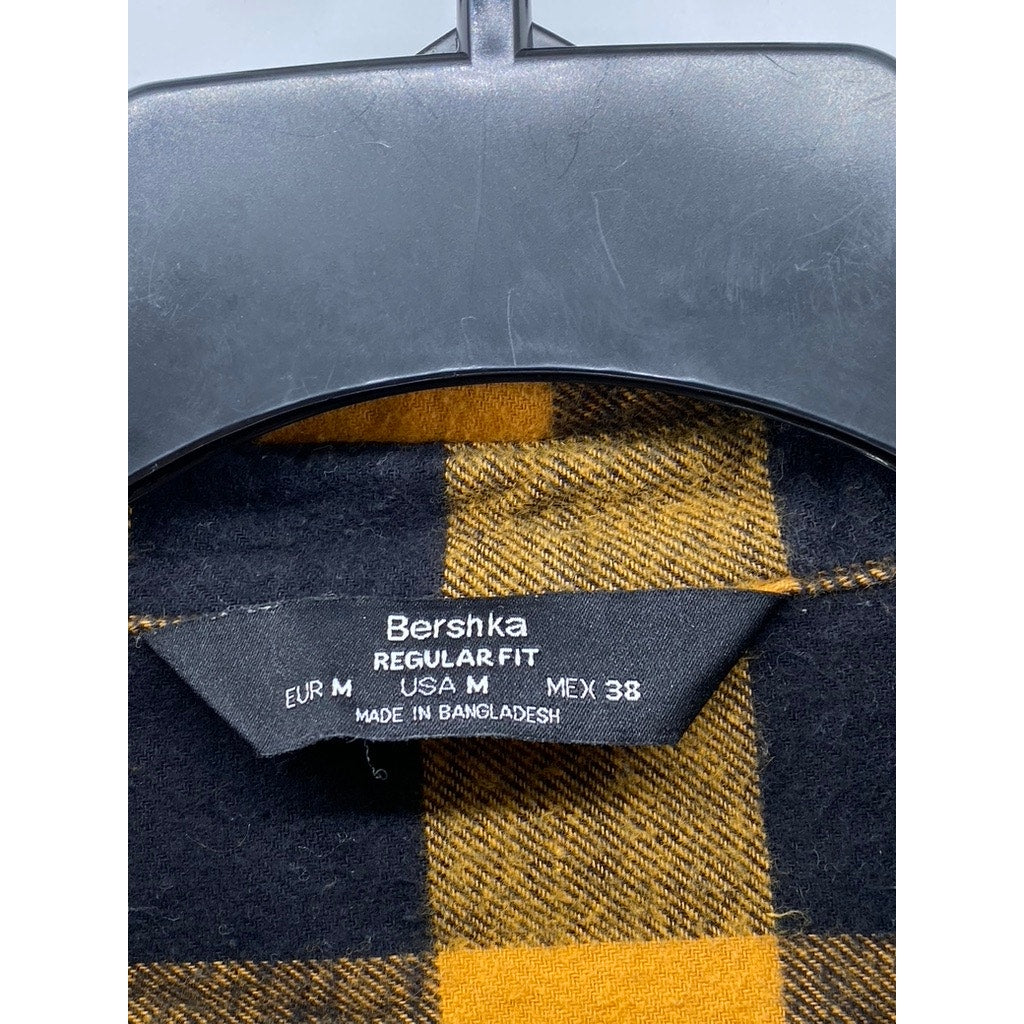 BERSKHA Men's Black-Yellow Plaid Regular-Fit Button-Up Long Sleeve Shirt SZ M