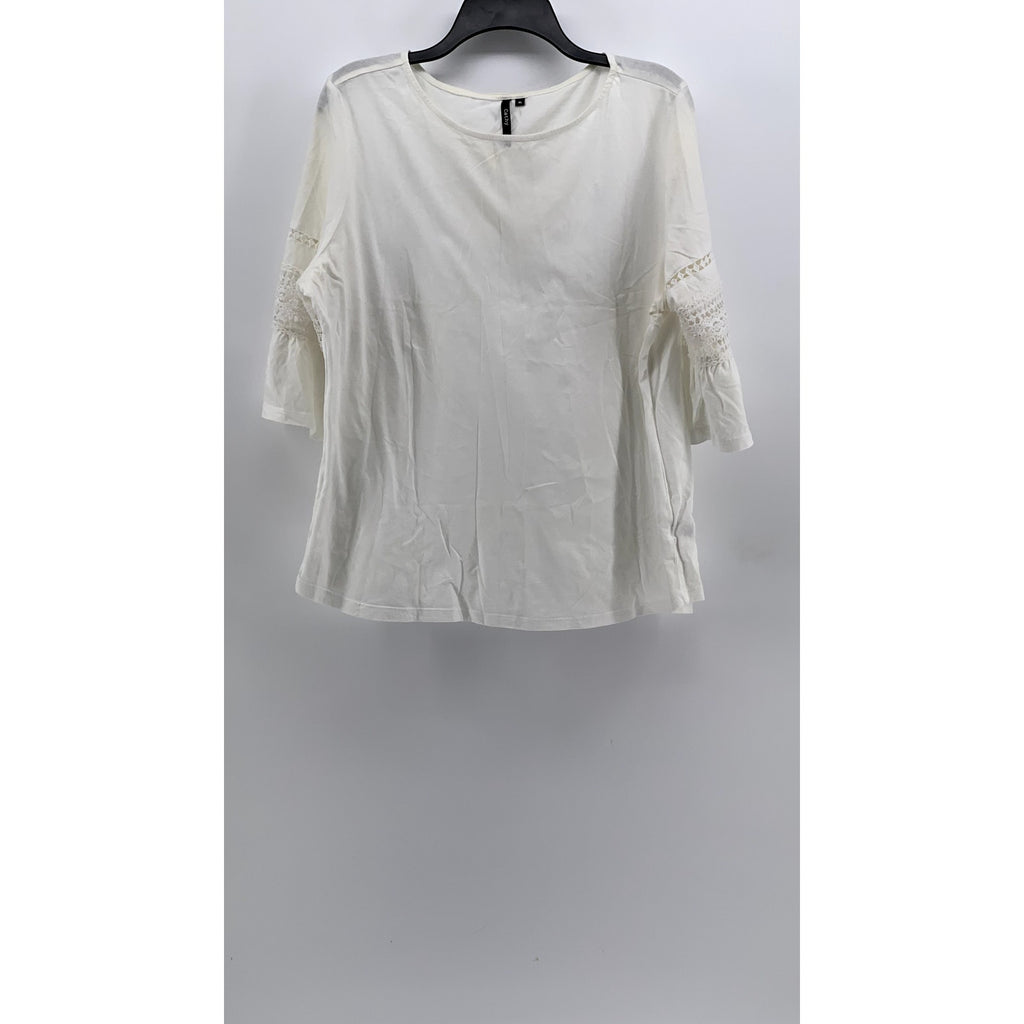 CATHY Women's White Crewneck 3/4 Embroidered Sleeve Top SZ XL