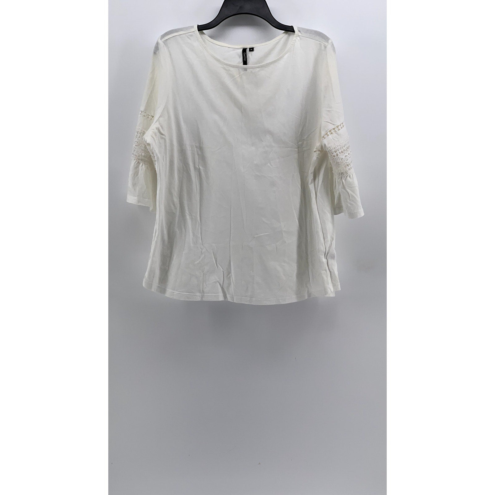 CATHY Women's White Crewneck 3/4 Embroidered Sleeve Top SZ XL