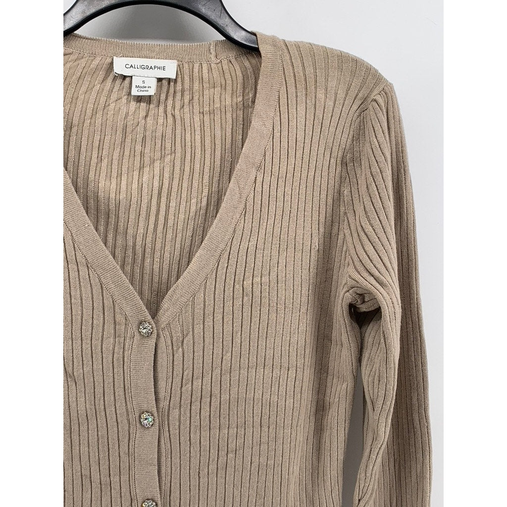 CALLIGRAPHIE Women's Tan Ribbed V-Neck Button-Up Cardigan SZ S