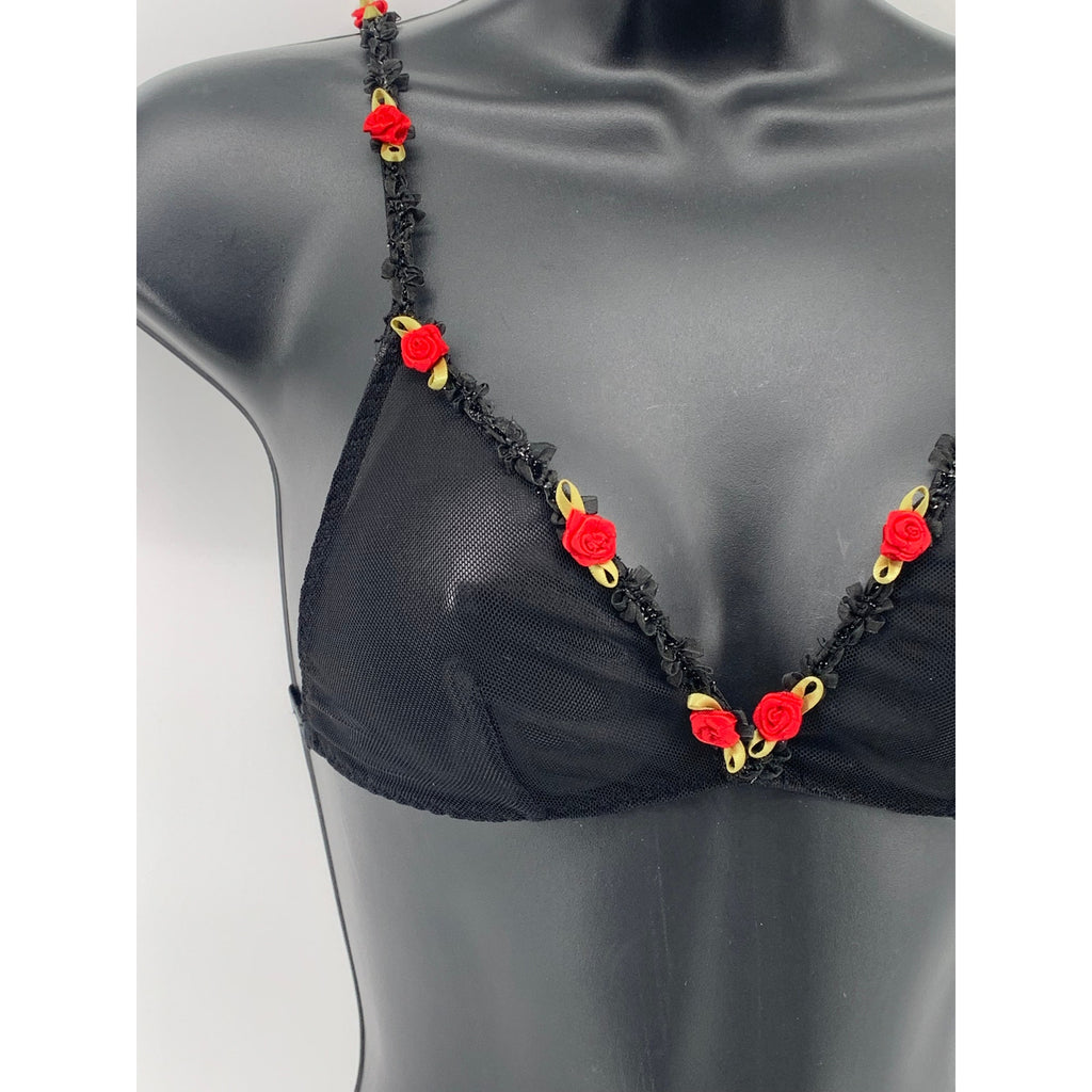 UNBRANDED Women's Black Mesh 3D Rose Floral Trim V-Neck Bralette SZ S