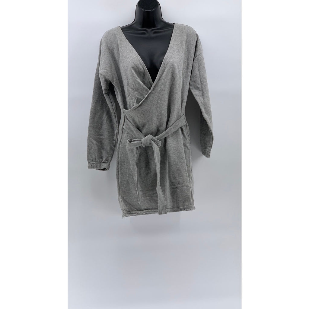 PRETTYLITTLETHING Women's Gray Long Sleeve Faux-Wrap Belted Sweater Dress SZ 4