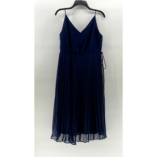 ASOS DESIGN Women's Dark Blue V-Neck Tie-Waist Pleated Midi Dress SZ 10