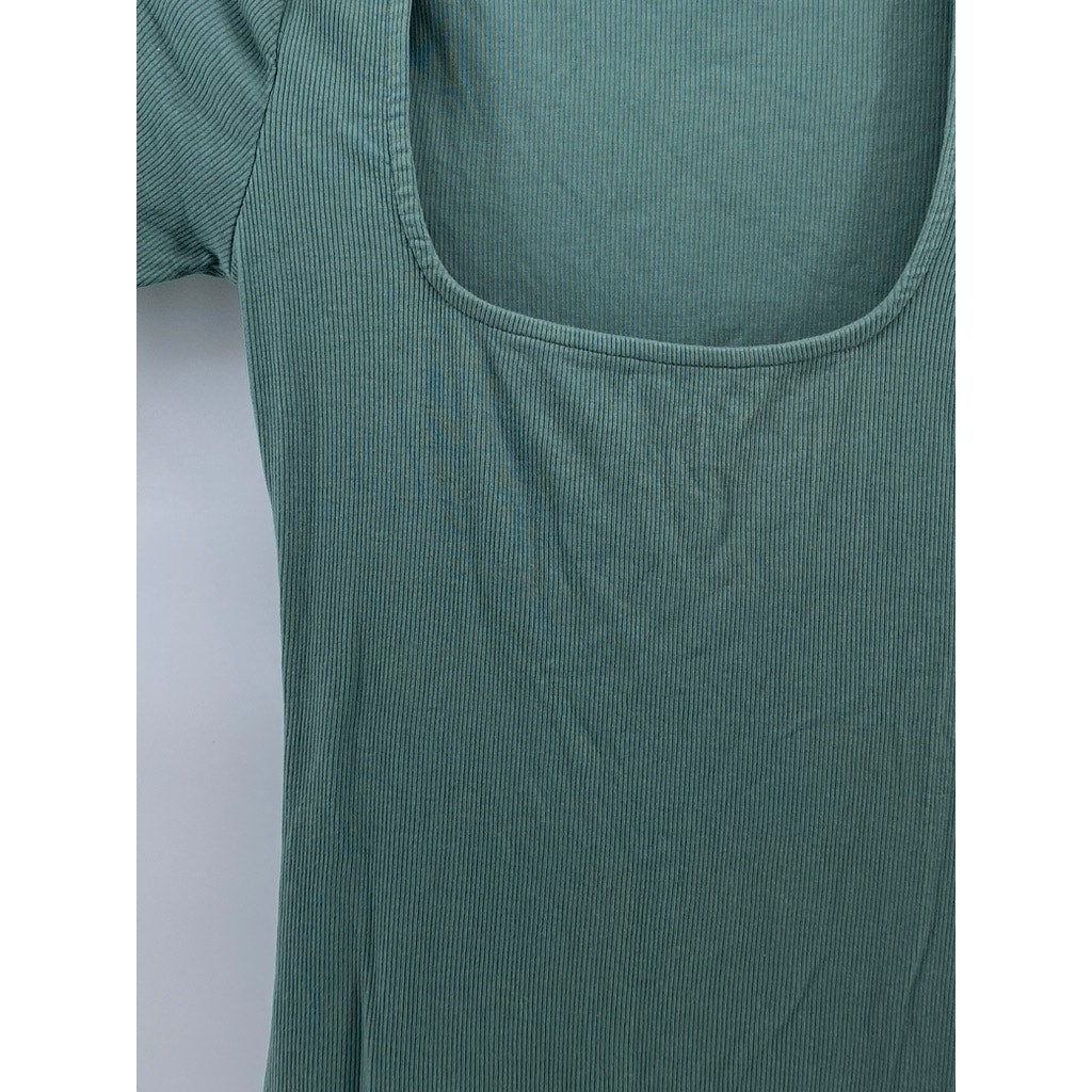 ZARA Women's Dark Green Straight-Neck Short Sleeve Midi Bodycon Dress SZ S