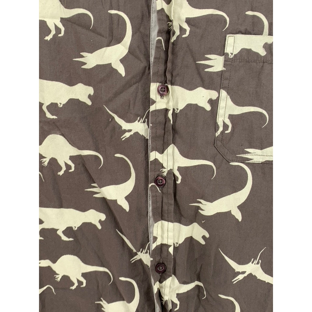 MASSIVE APPAREL Men's Dinosaur Print Brown Button Front Short Sleeve Shirt SZ XL