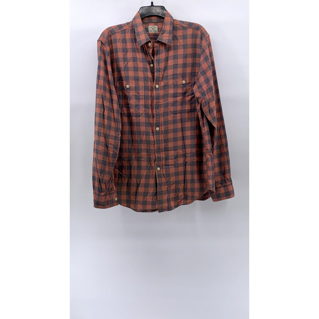 J.CREW Men's Peach-Gray Plaid Button-Up Long Sleeve Flannel Shirt SZ M