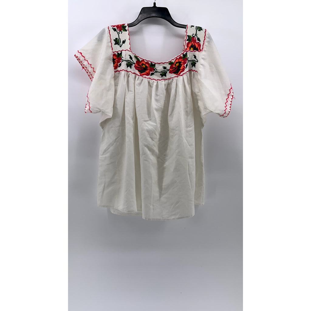 UNBRANDE Women's White-Multi Embroidered Traditional Short Sleeve Blouse SZ L