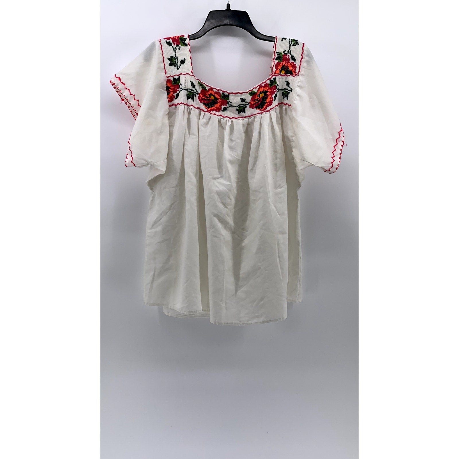 UNBRANDE Women's White-Multi Embroidered Traditional Short Sleeve Blouse SZ L