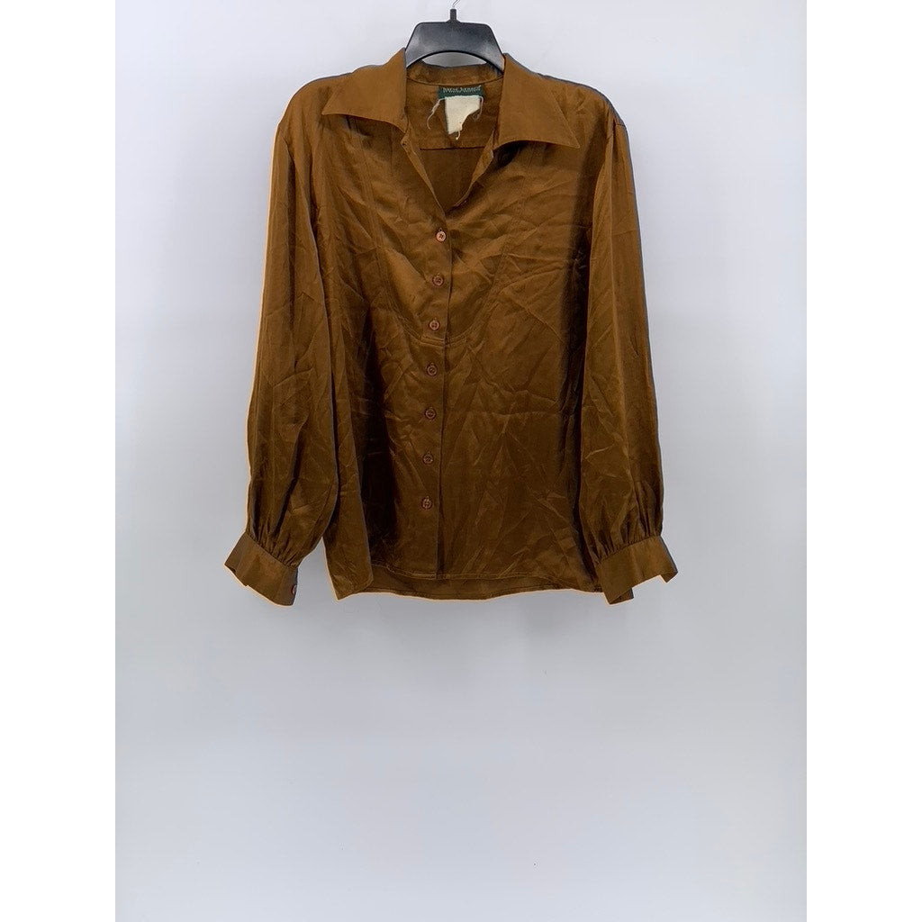 HARVE BENARD Women's Vintage Brown Button-Up Regular-Fit Long Sleeve Top SZ M