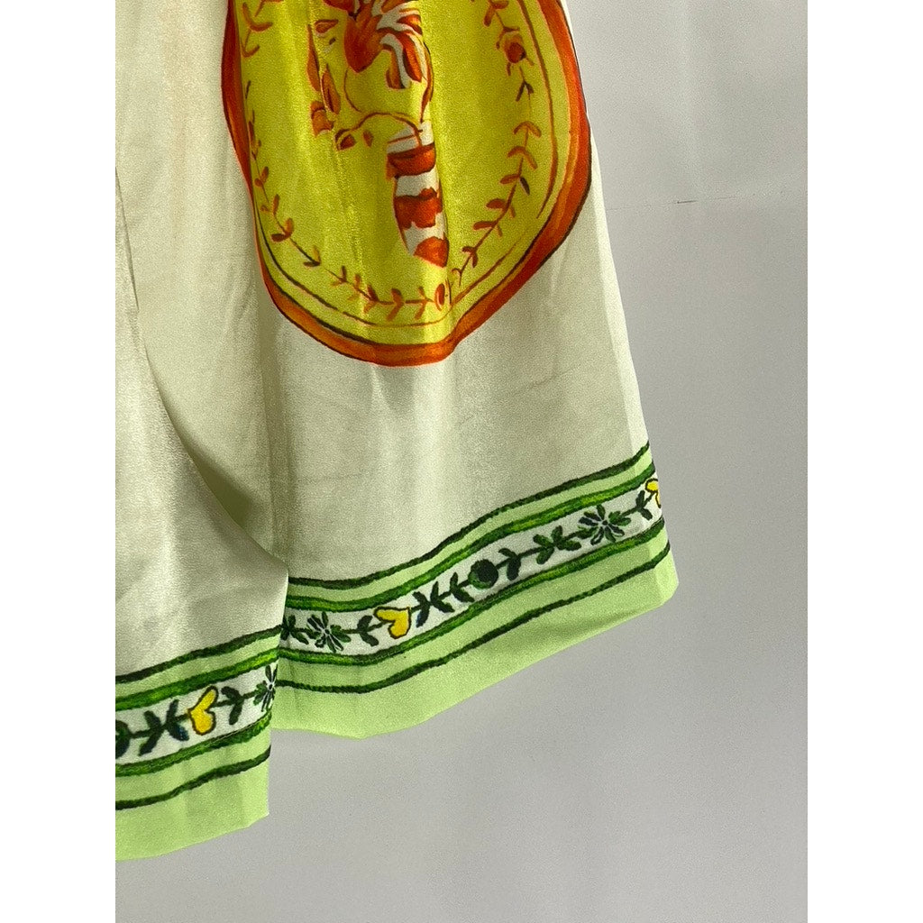 UNBRANDED Women's Green/Cream Print Drawstring Waist Pull-On Shorts SZ S