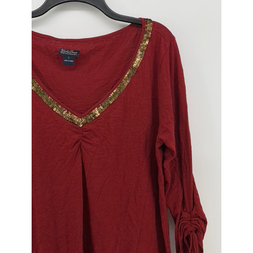LUCKY BRAND Women's Burgundy Sequin V-Neck Sweater SZ L
