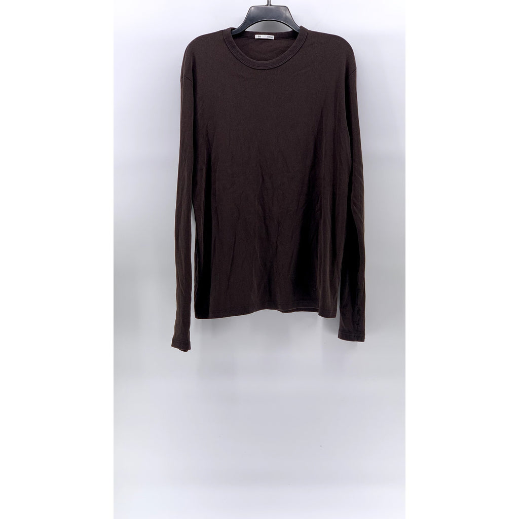 GU Men's Dark Brown Ribbed Crewneck Washed Slim-Fit Long Sleeve T-Shirt SZ L