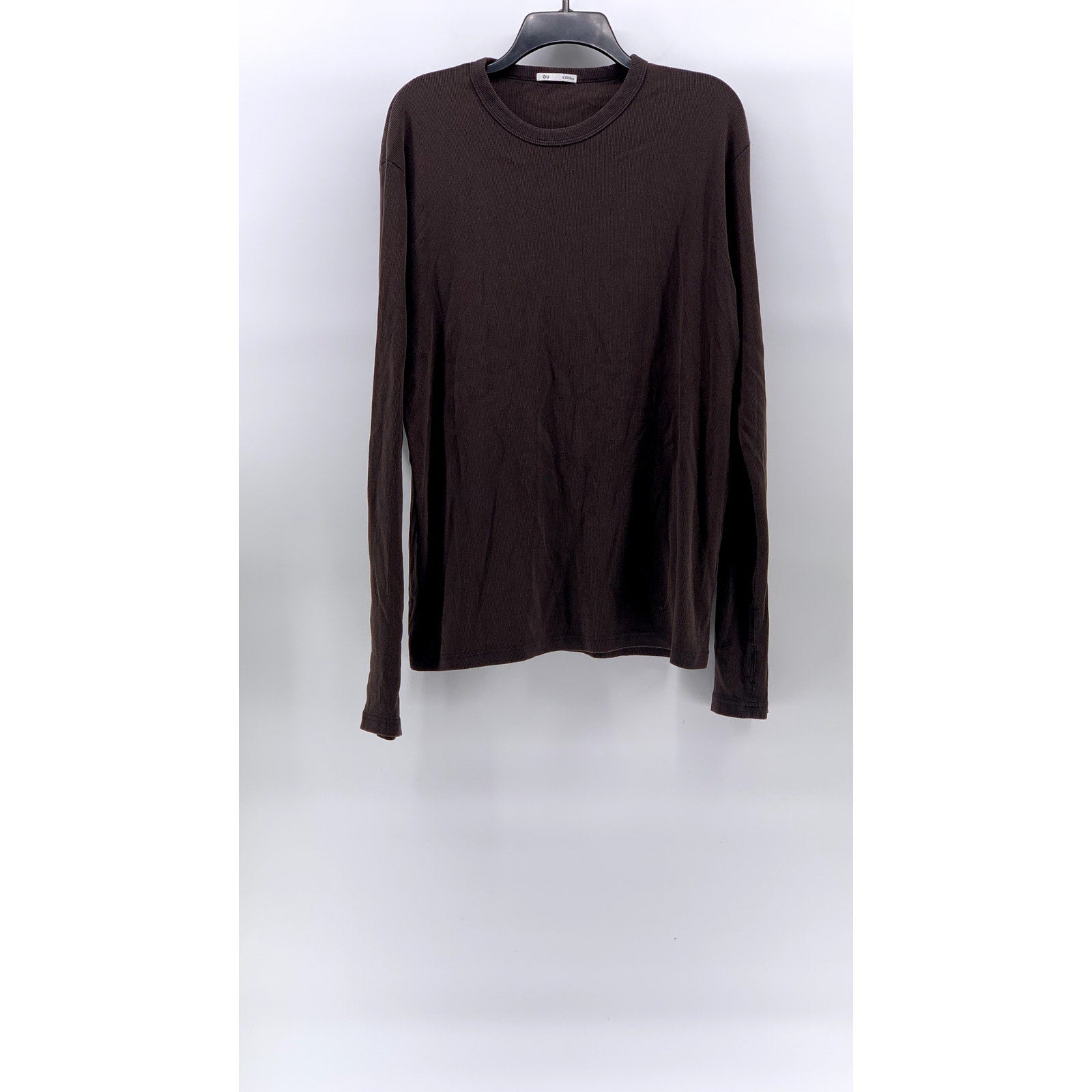 GU Men's Dark Brown Ribbed Crewneck Washed Slim-Fit Long Sleeve T-Shirt SZ L