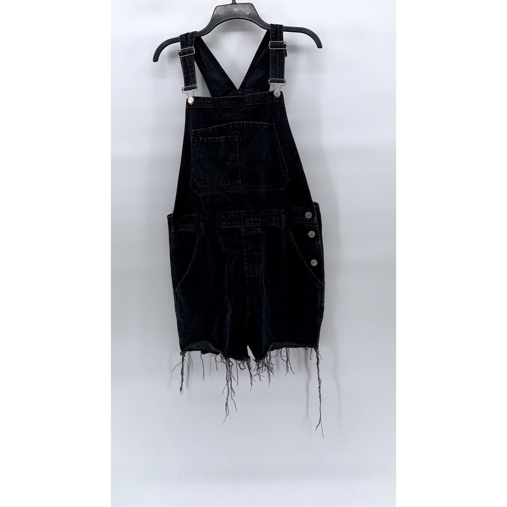 TOPSHOP MOTO Women’s Black Denim Raw-Hem Short Overalls SZ 10