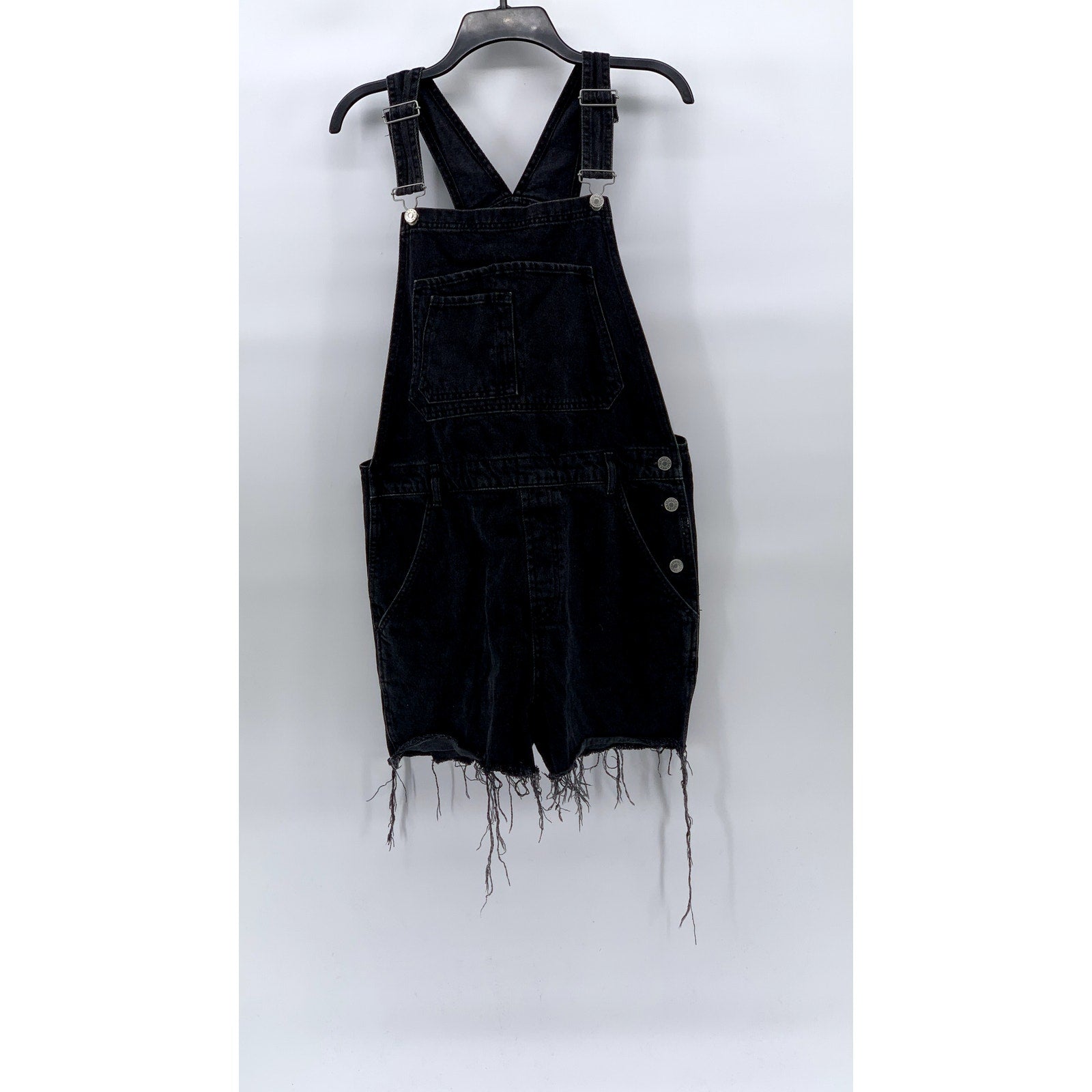 TOPSHOP MOTO Women’s Black Denim Raw-Hem Short Overalls SZ 10