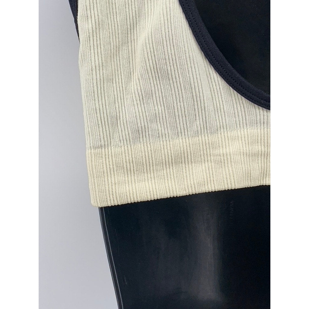UNBRANDED Women's Cream-Black Ribbed V-Neck Sports Bra SZ L