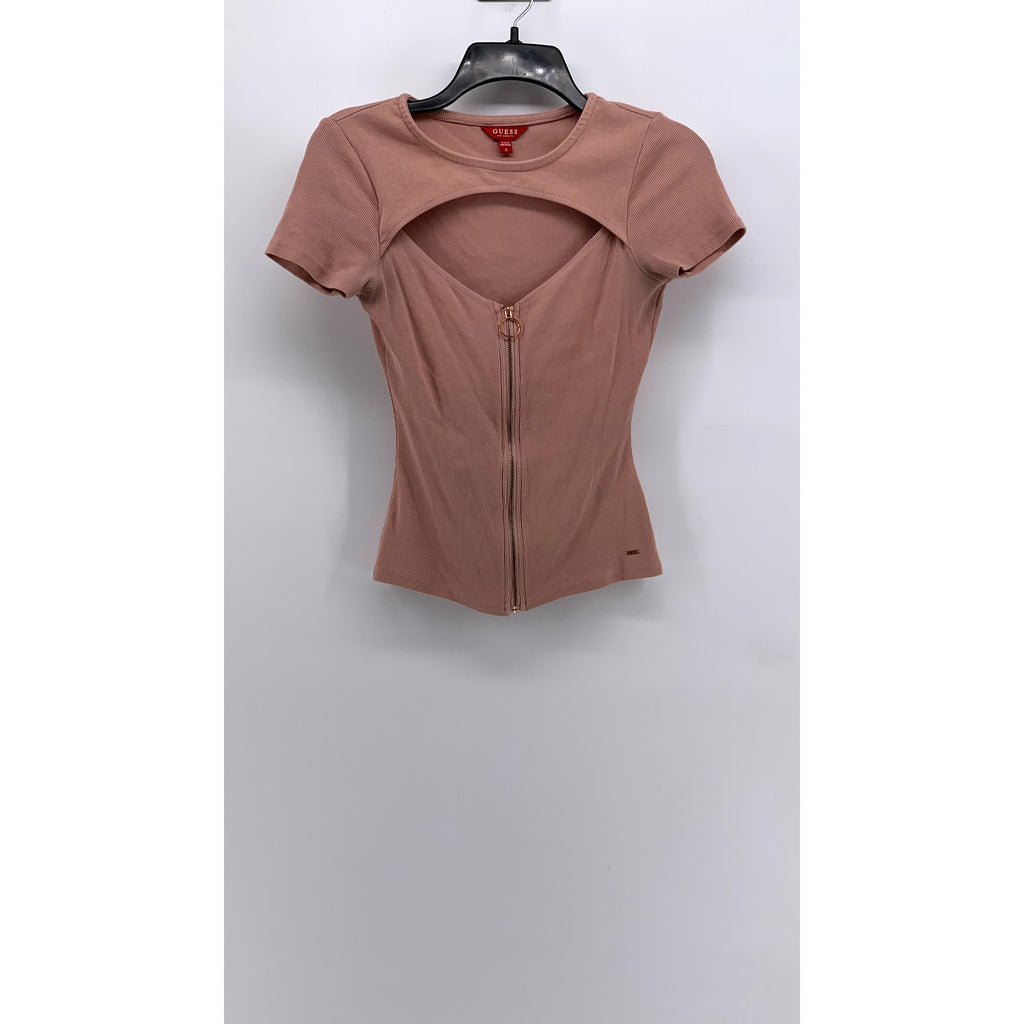 GUESS Women's Light Pink Ribbed Cutout Zip-Up Short Sleeve Top SZ S