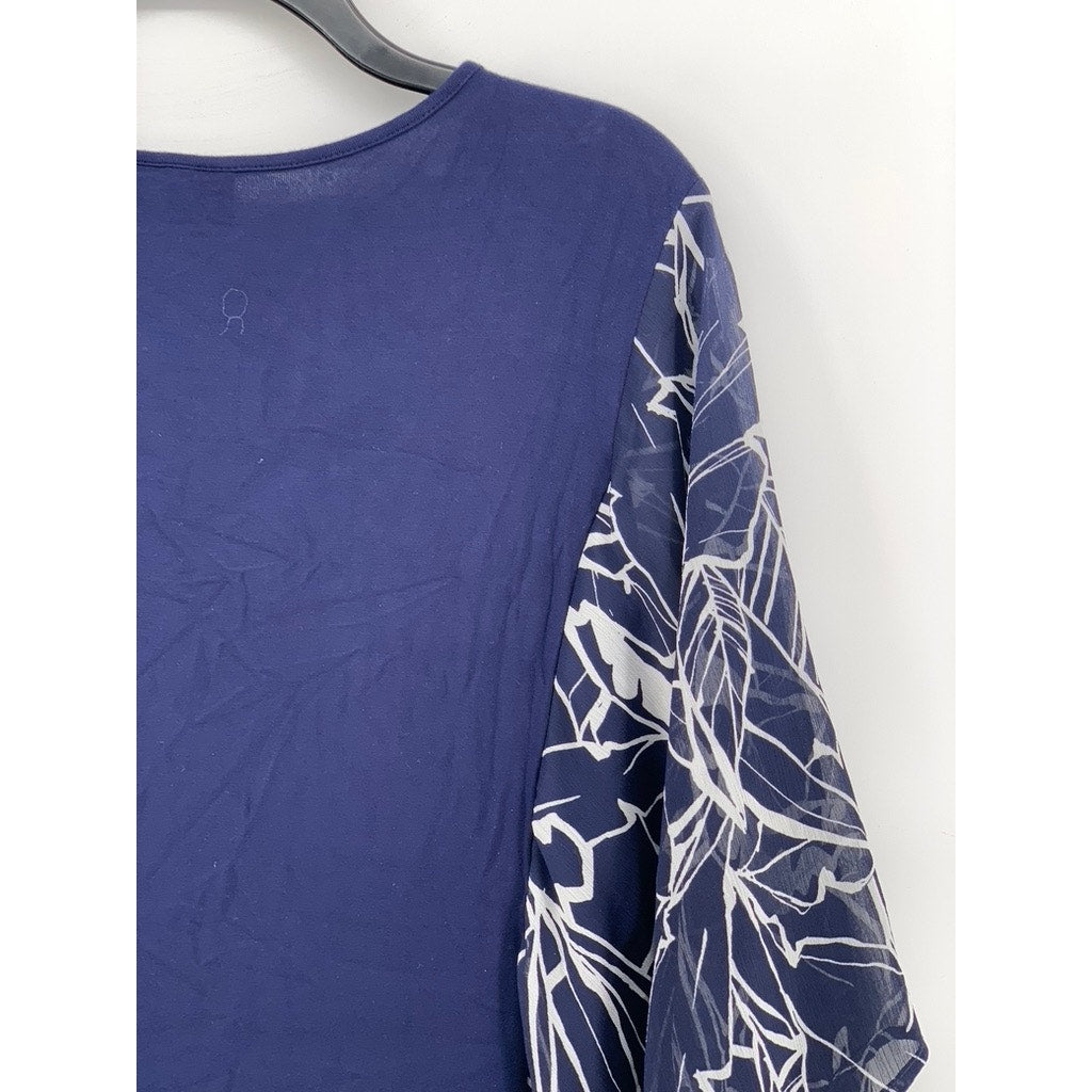 BELLE BY KIM GRAVEL Women's Dark Blue Print Drama Sleeve Top SZ M