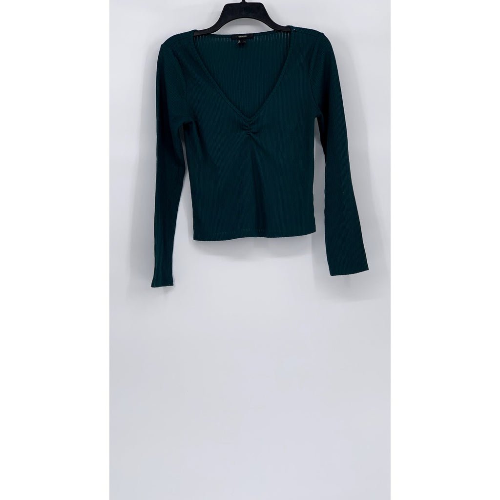 FOREVER 21 Women’s Emerald Green V-Neck Ribbed Long Sleeve Top SZ L