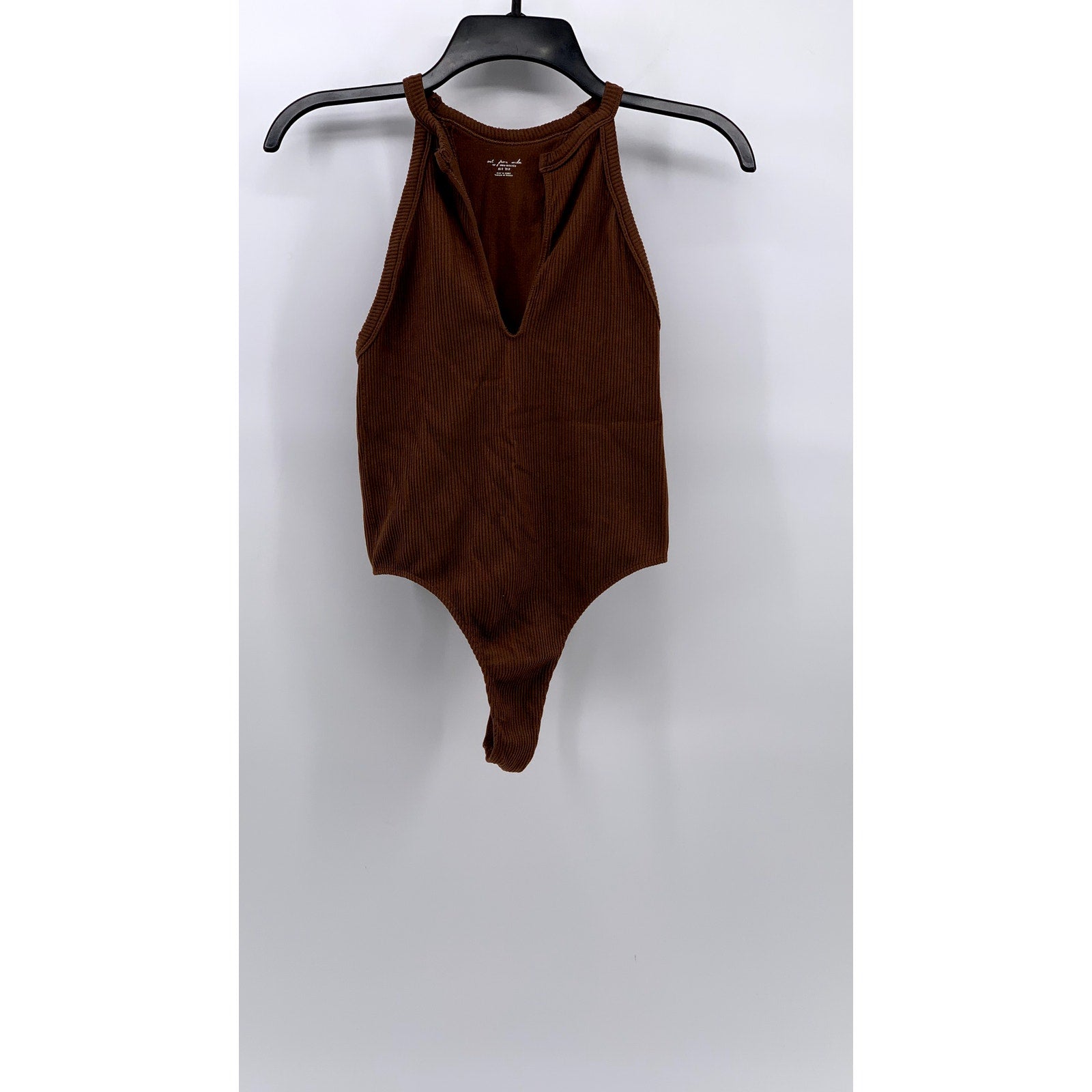 OUT FROM UNDER Women's Brown Ribbed Split Neck Sleeveless Thong Bodysuit SZ XS/S