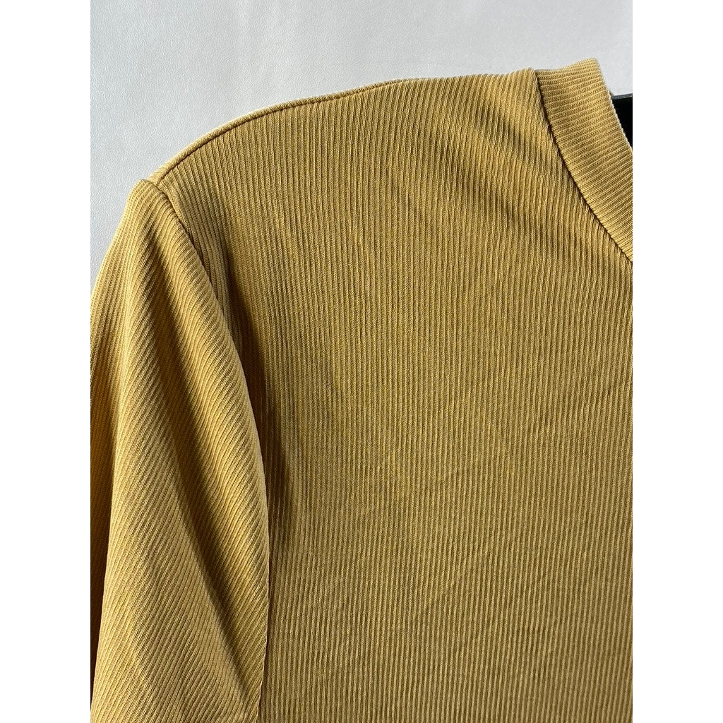 ELODIE Women's Tan Ribbed Crewneck Long Sleeve Thong Bodysuit SZ L