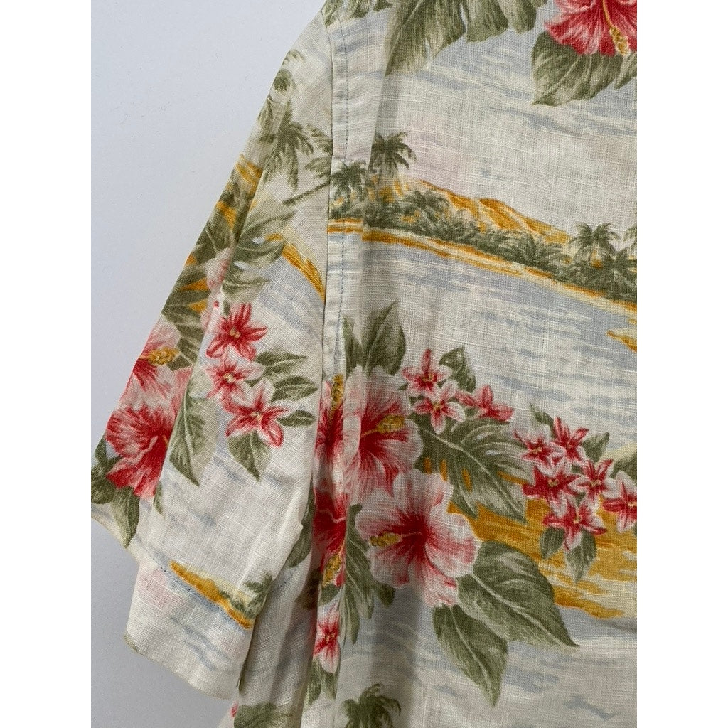 JONES NEW YORK SPORT Women's Tan Linen Floral Button-Up Short Sleeve Top SZ L