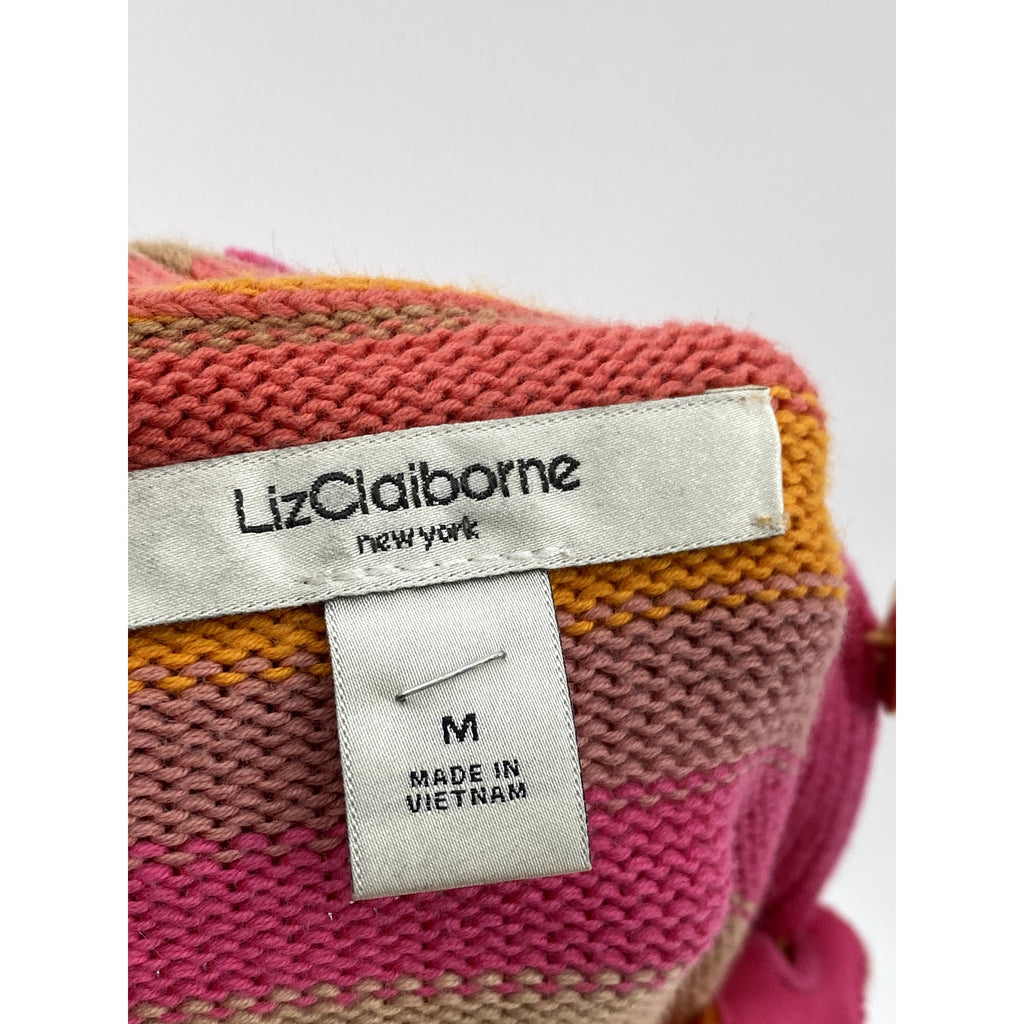 LIZ CLAIBORNE Women's Pink-Orange Striped Knit Button Mock-Neck Sweater SZ M