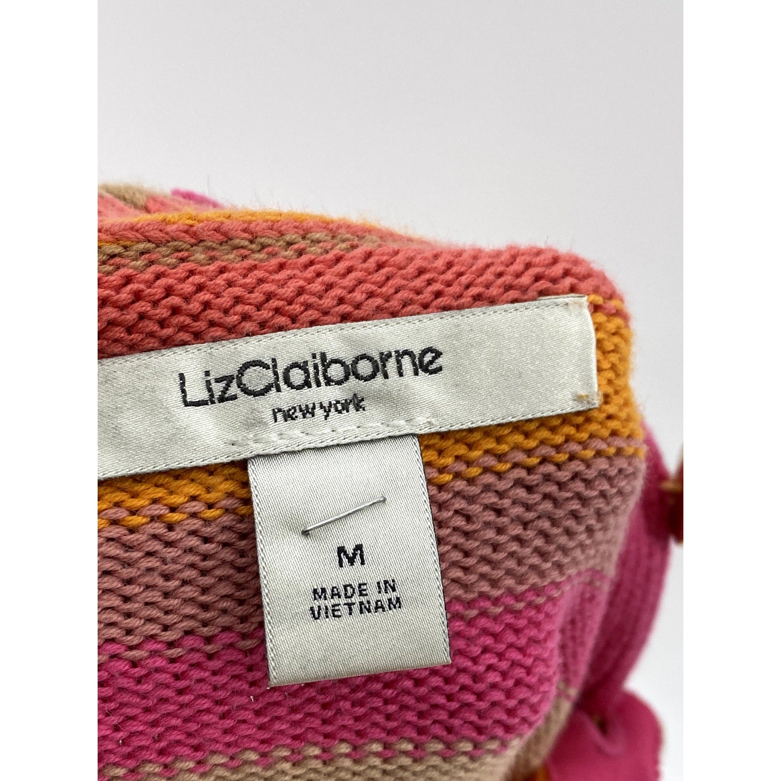 LIZ CLAIBORNE Women's Pink-Orange Striped Knit Button Mock-Neck Sweater SZ M