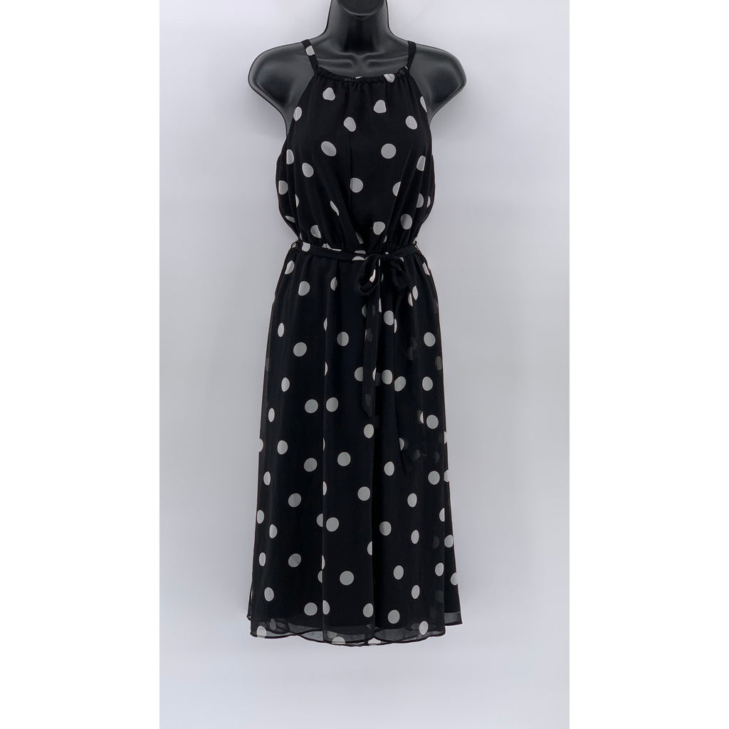 BANANA REPUBLIC Women's Black-White Coin Dot Sleeveless Belted Maxi Dress SZ 10