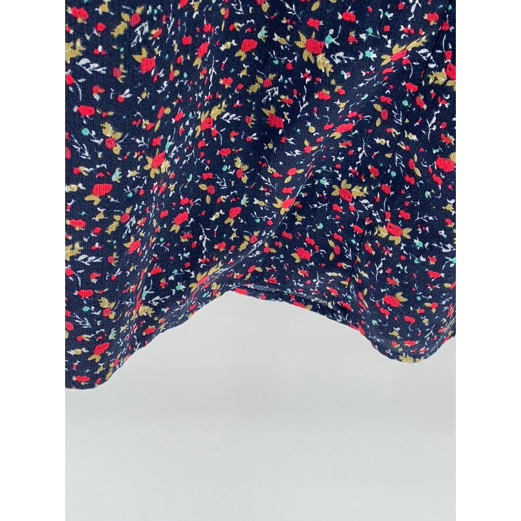 ESSUE Women's Navy Floral Elbow Sleeve V-Neck Tie-Waist A-line Dress SZ S
