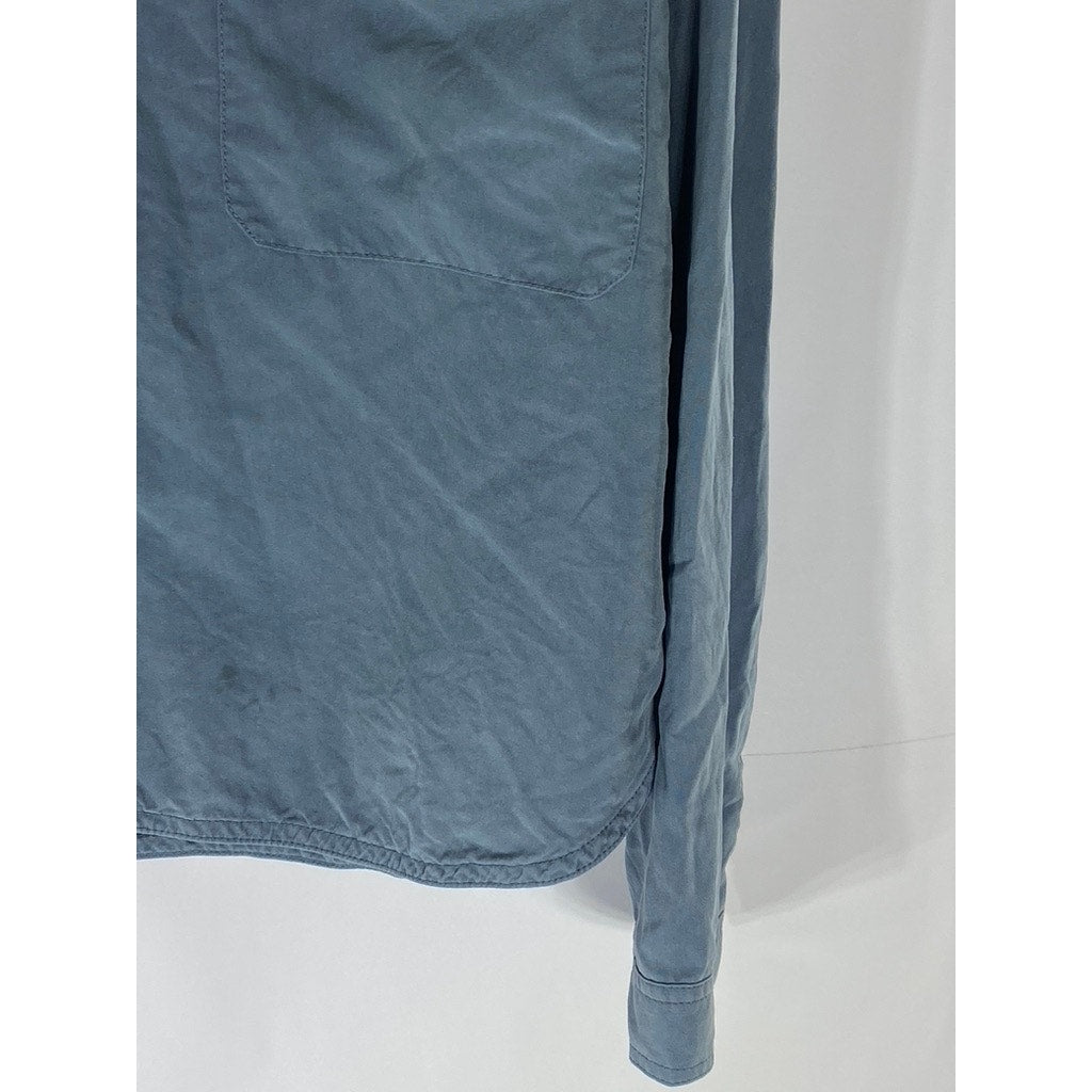 EVERLANE Women's Blue Washable Silk Long Sleeve Henley Patch Pocket Top SZ 2
