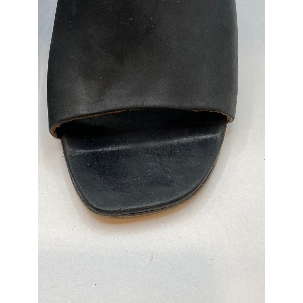 COCLICO Women's Black Leather Square Peep-Toe Heeled Sandals SZ 38.5(US8.5)