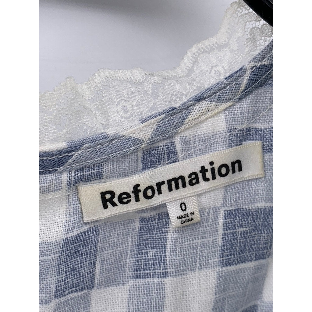 REFORMATION Women's Blue-White Checkered Reia Linen Mini Bodycon Dress SZ 0