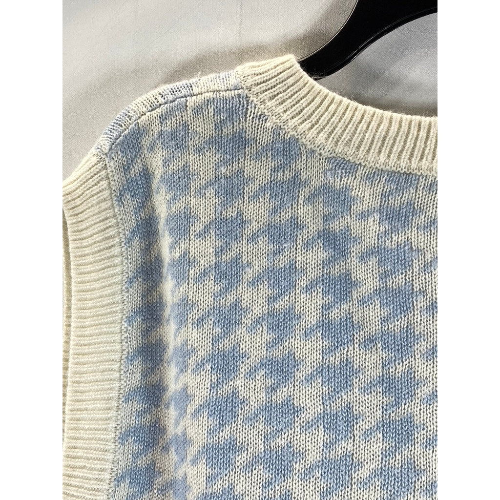 H&M DIVIDED Women's Cream/Blue Houndstooth V-Neck Sweater Vest SZ L