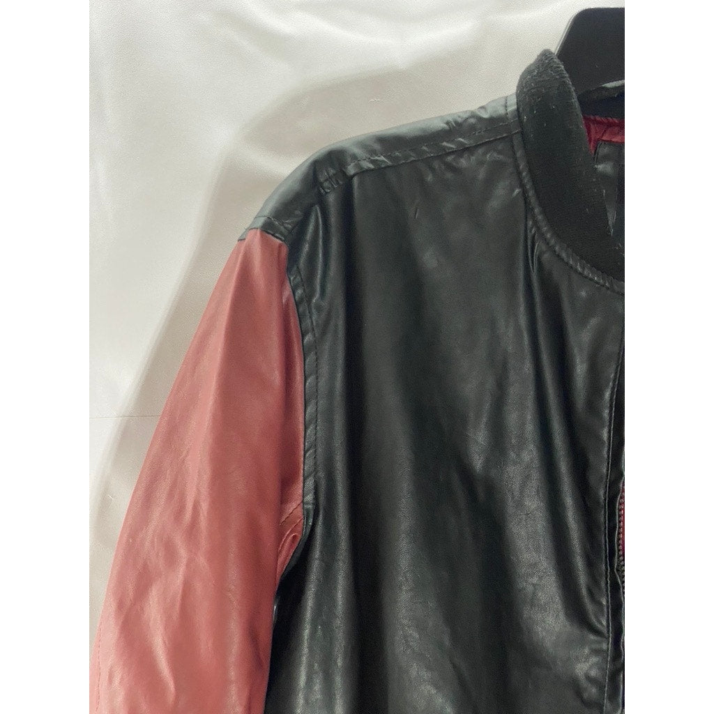 GENUINE PX Men's Vintage Black/Red Colorblock Faux-Leather Zip-Up Jacket SZ S