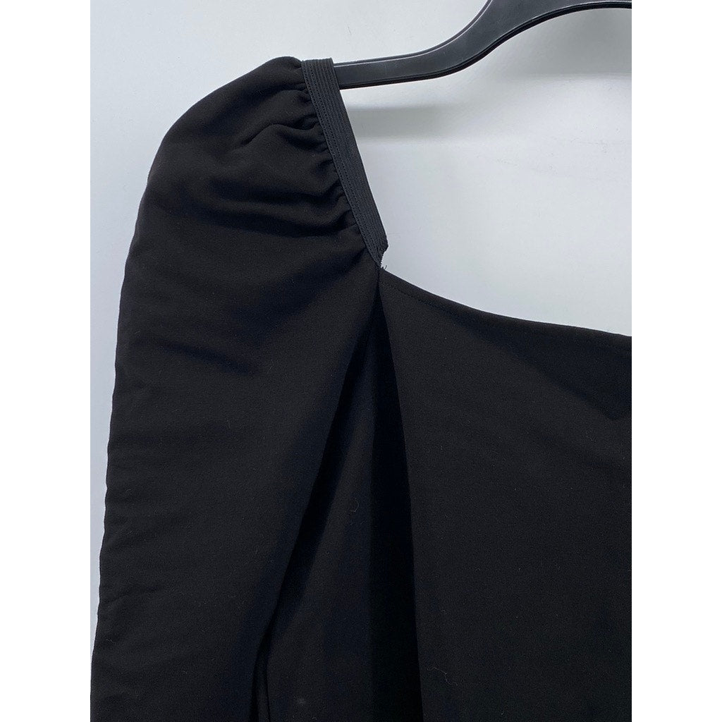 H&M Women's Black Solid Short Puff Sleeve Straight Neck Top SZ M