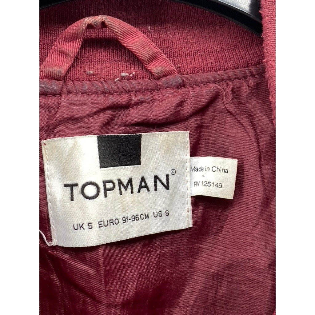 TOPMAN Men's Burgundy Mandarin-Collar Long Sleeve Zip-Up Bomber Jacket SZ S