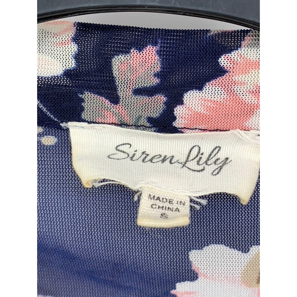 SIREN LILY Women's Navy Floral Mesh Button-Up Long Sleeve Top SZ S