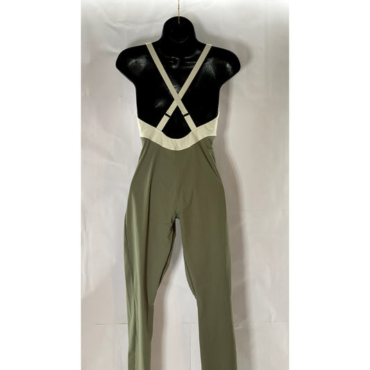 WEAR ONE'S AT Women's Green/Cream Color Block V-Neck Cross-Strap Jumpsuit SZ S