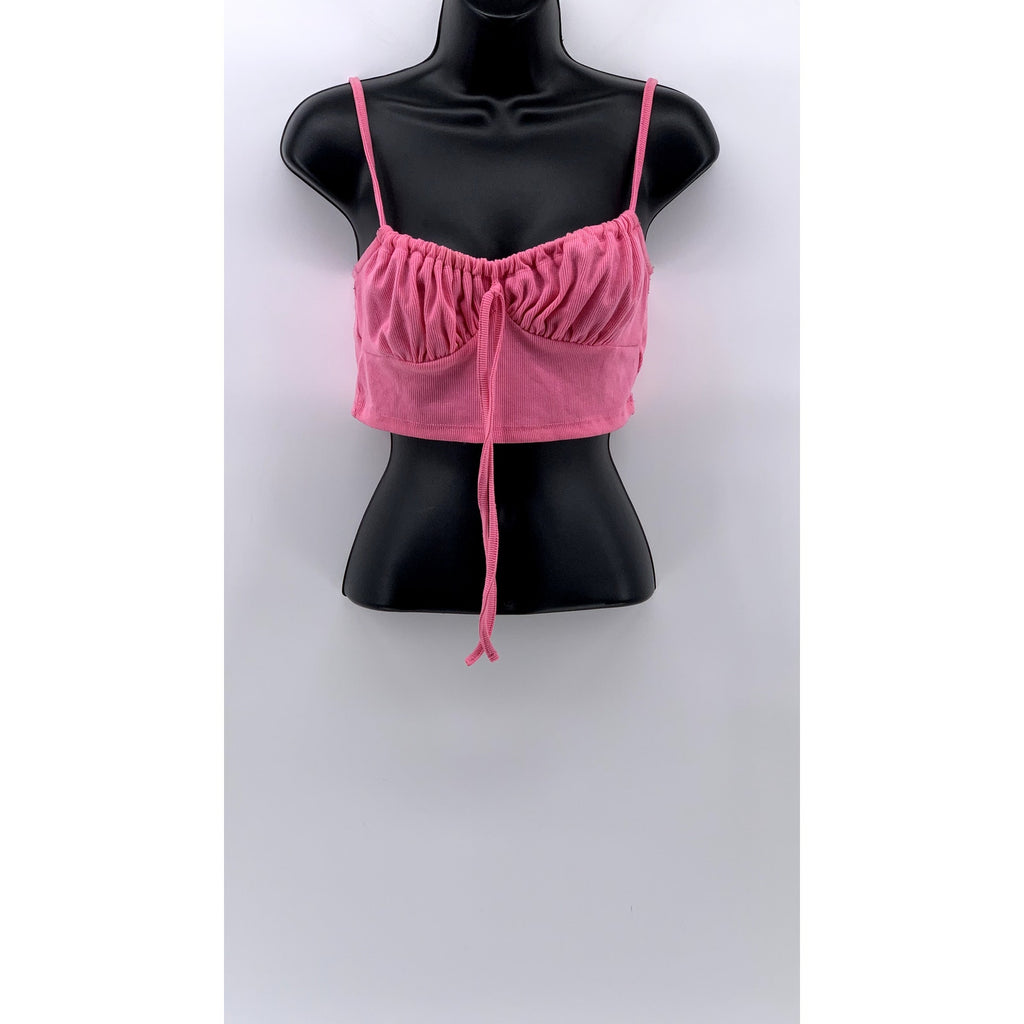 UNBRANDED Women's Pink Ribbed Ruched Spaghetti Strap Cropped Top SZ S