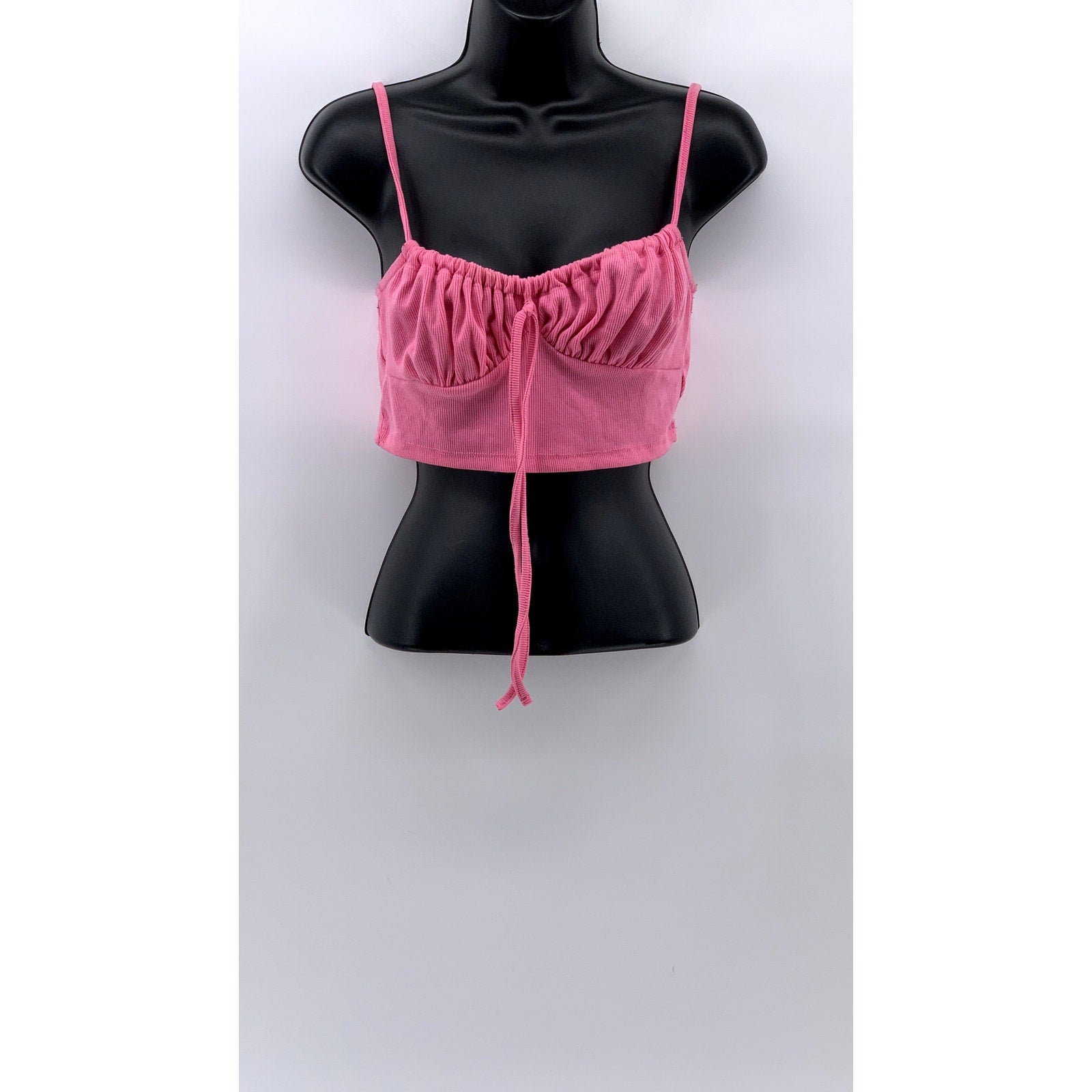 UNBRANDED Women's Pink Ribbed Ruched Spaghetti Strap Cropped Top SZ S