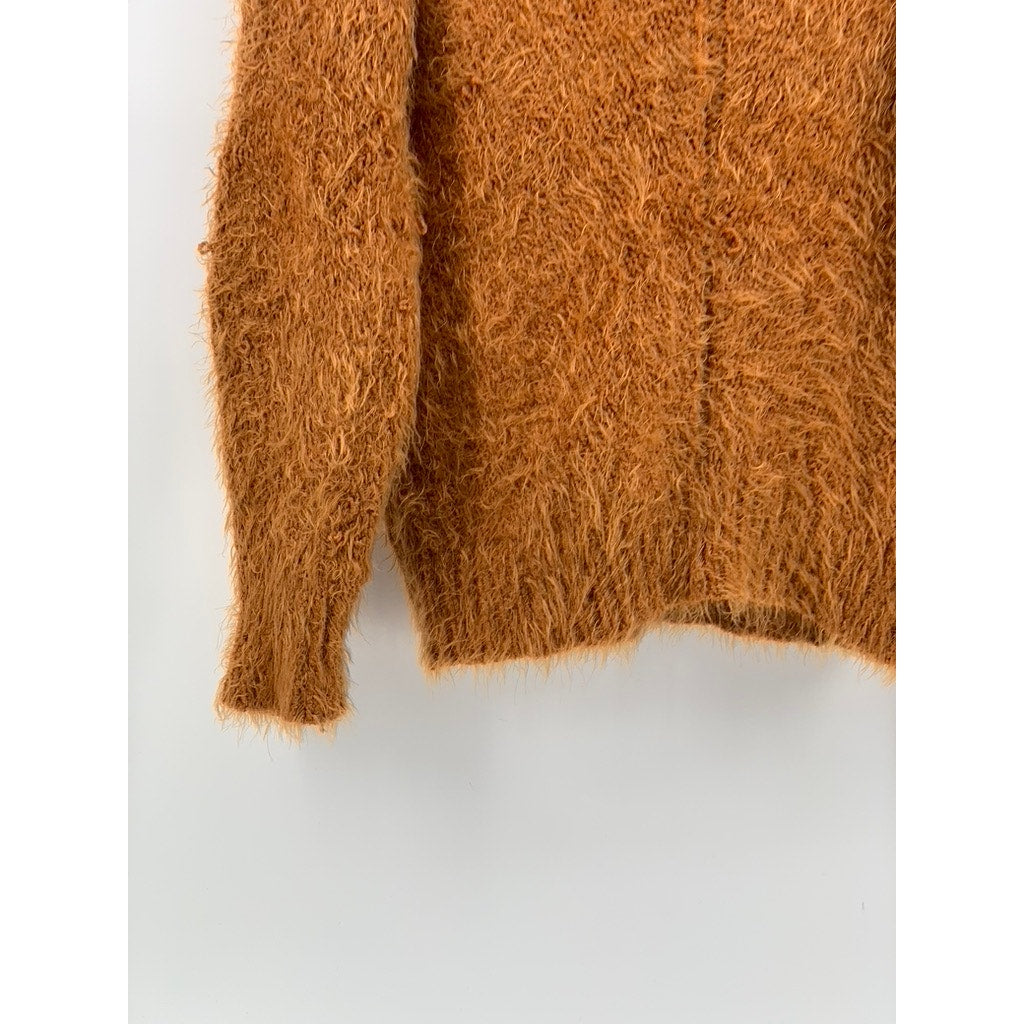 BP Women's Camel Brown V-Neck Fuzzy Long Sleeve Pullover Sweater SZ S