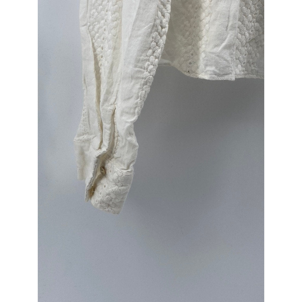 NIC & JO Women's White Embroidered Eyelet V-Neck Long Sleeve Ruffle-Hem Top SZ M