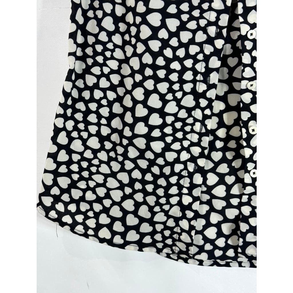 CYNTHIA ROWLEY Women's Black/White Heart Print Sleeveless Button-Up Top SZ XS